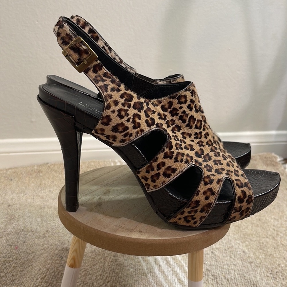 Donald J. Pliner Leopard print calf hair leather open toe platform sandals